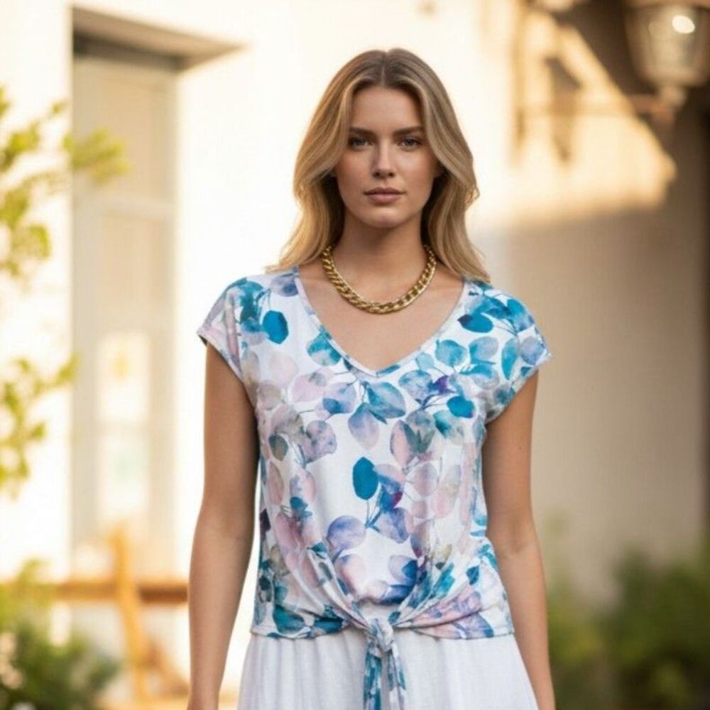 Lily Women's Floral Lightweight V-Neck Pullover Top Size Med Summer Tie Front